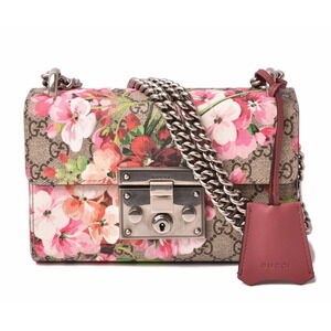Gucci Chain Shoulder Bag Silk GG Pattern Brown Flower Rose Pink